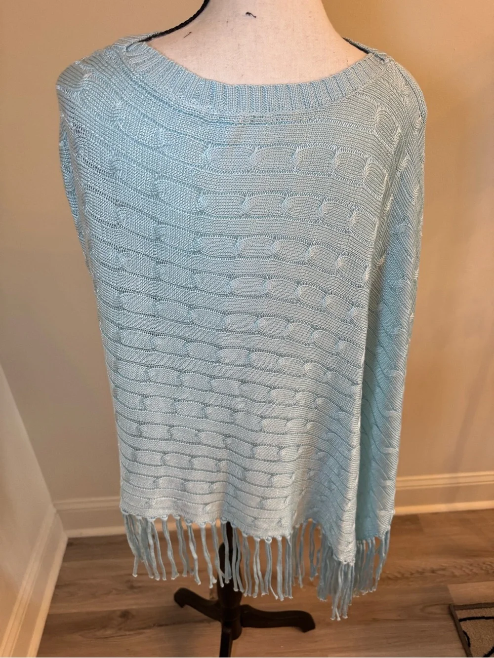 Light Blue Knit Fringe Poncho Wrap - Casual Layering Scarf